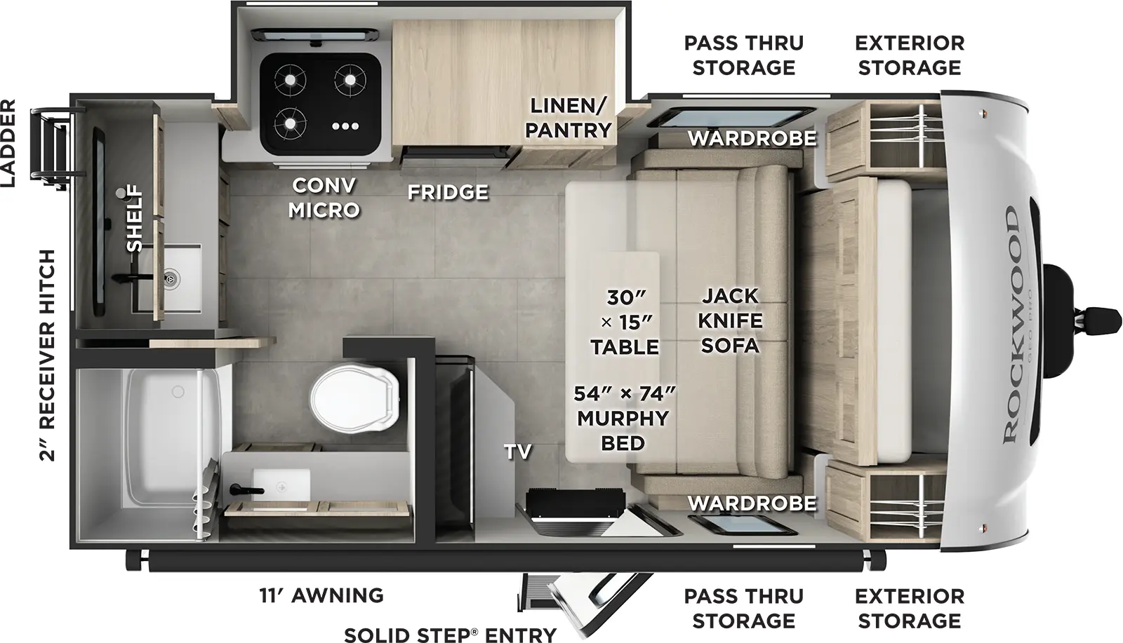 The Rockwood Geo Pro G15FBS floorplan has one entry and one slide out. Exterior features include: fiberglass exterior and 11' awning. Interiors features include: murphy bed.